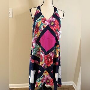 Muse vibrant floral A-line sleeveless midi dress racer back navy & pink SZ 4